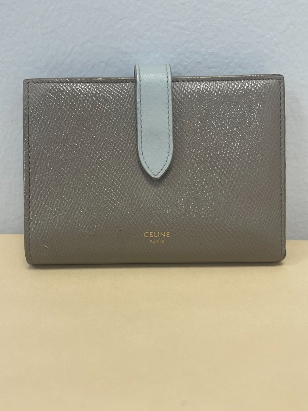 Celine Leather Medium Strap Wallet in Greige and Blue - Preowned